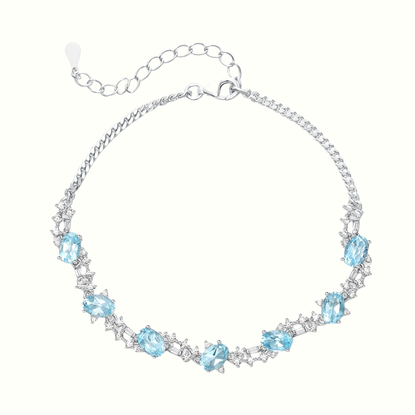 Exquisite Sterling Silver Blue Topaz Oval Bracelet with Extender Chain