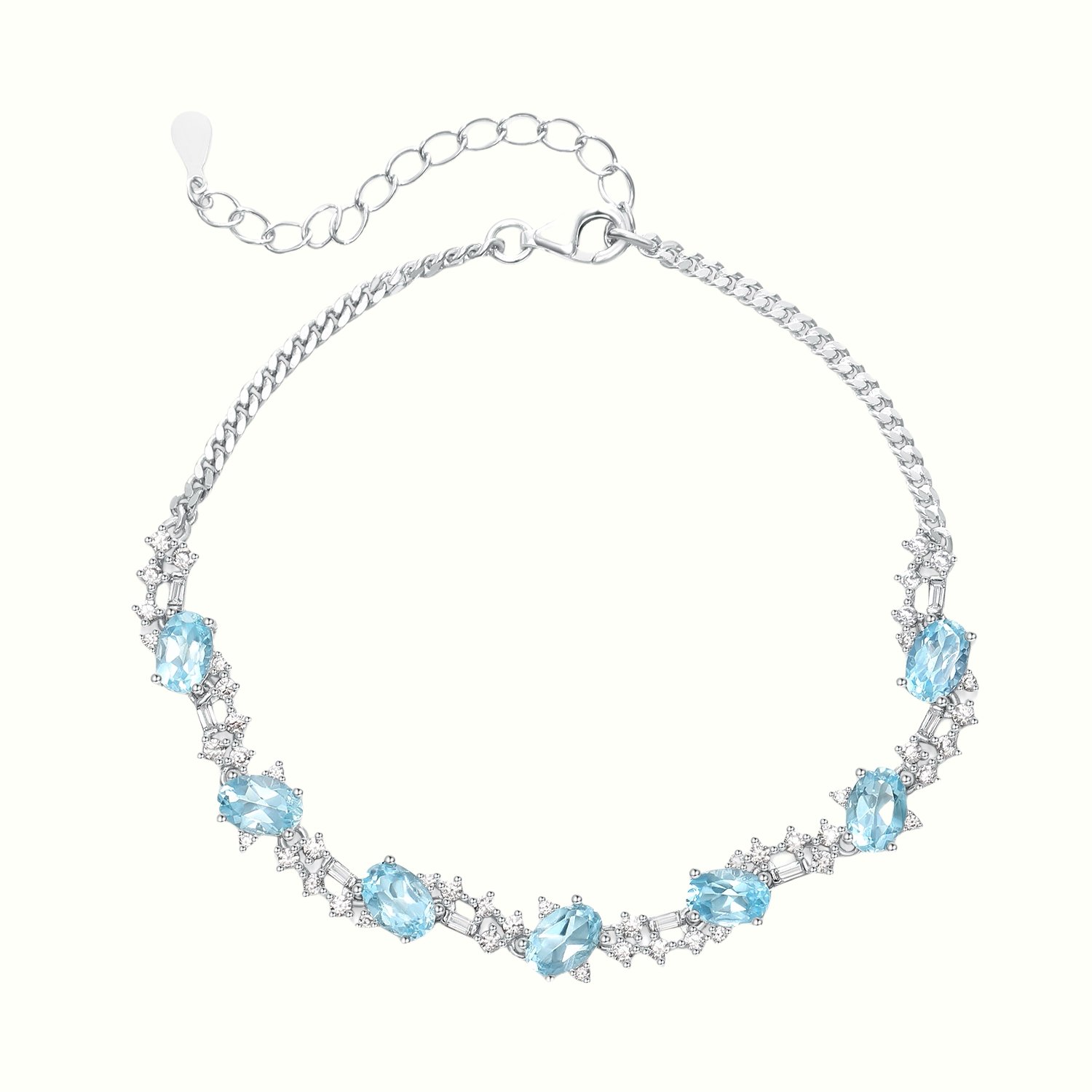 Exquisite Sterling Silver Blue Topaz Oval Bracelet with Extender Chain