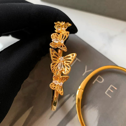 Sparkling Rose Gold Butterfly Cuff Bracelet, Adjustable Zircon Stone Jewelry