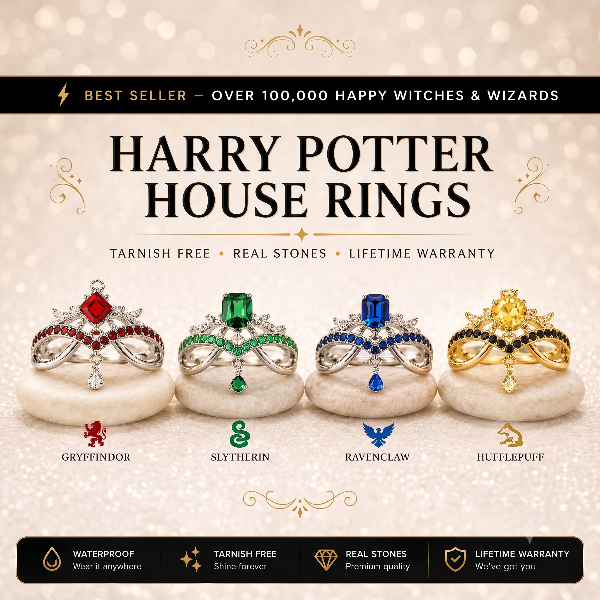 Premium Harry Potter House Adjustable Rings (REAL STONES!)