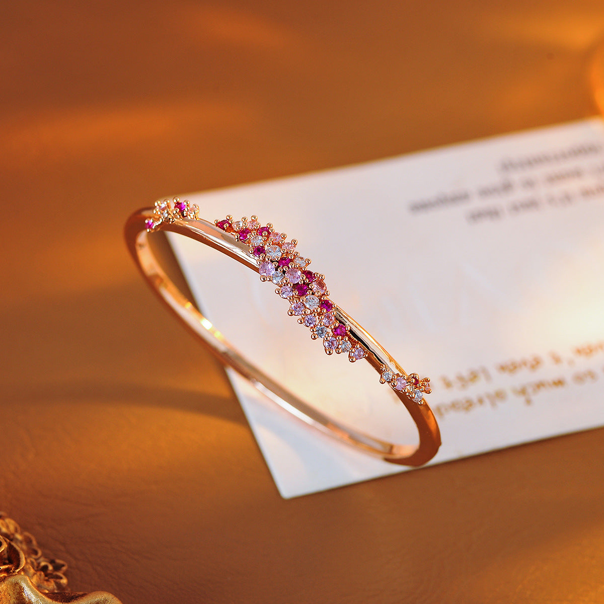 Elegant Peach Pink Diamond Flower Zircon Wrapped Bangle Bracelet - Adjustable Fit Jewelry