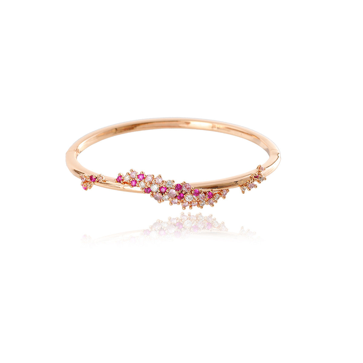 Elegant Peach Pink Diamond Flower Zircon Wrapped Bangle Bracelet - Adjustable Fit Jewelry