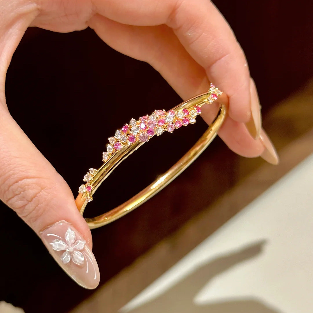 Elegant Peach Pink Diamond Flower Zircon Wrapped Bangle Bracelet - Adjustable Fit Jewelry