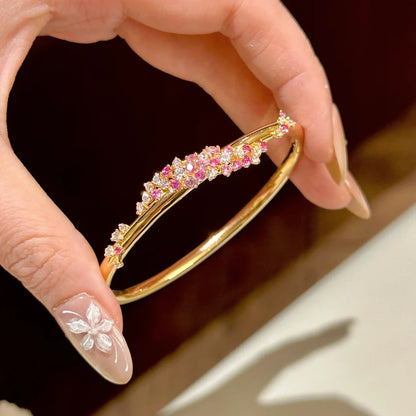Elegant Peach Pink Diamond Flower Zircon Wrapped Bangle Bracelet - Adjustable Fit Jewelry