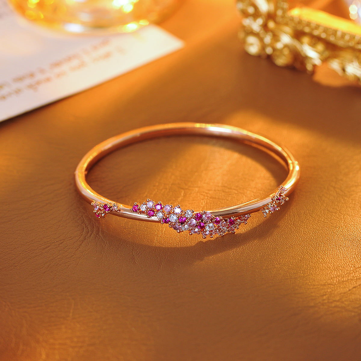 Elegant Peach Pink Diamond Flower Zircon Wrapped Bangle Bracelet - Adjustable Fit Jewelry