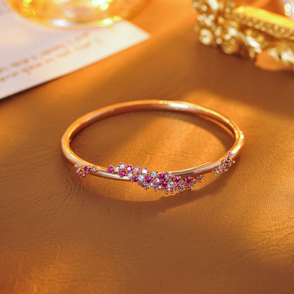 Elegant Peach Pink Diamond Flower Zircon Wrapped Bangle Bracelet - Adjustable Fit Jewelry