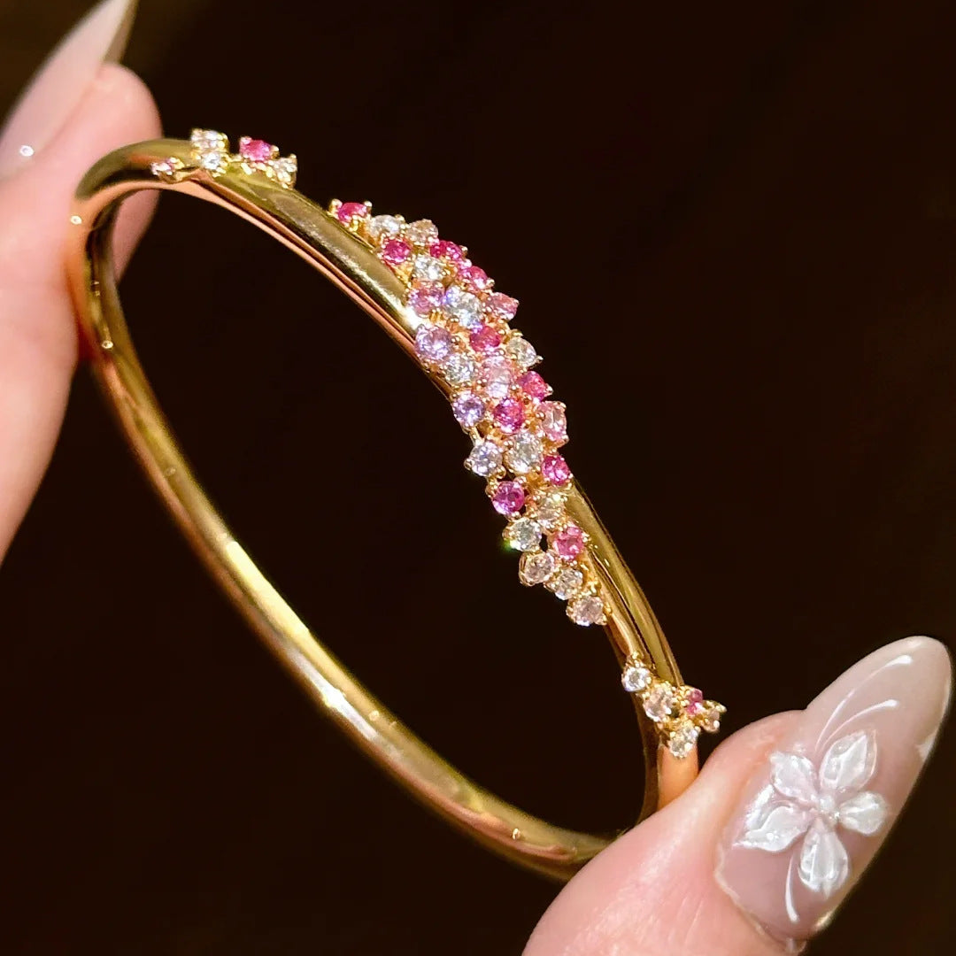 Elegant Peach Pink Diamond Flower Zircon Wrapped Bangle Bracelet - Adjustable Fit Jewelry