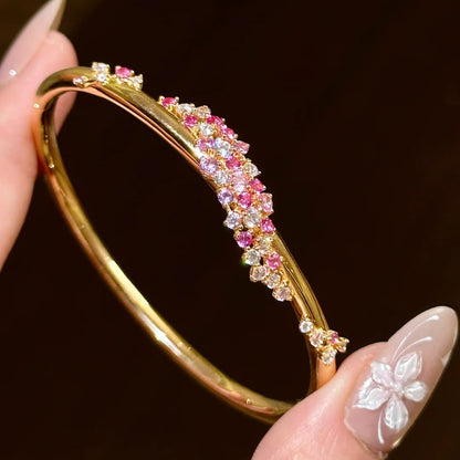 Elegant Peach Pink Diamond Flower Zircon Wrapped Bangle Bracelet - Adjustable Fit Jewelry