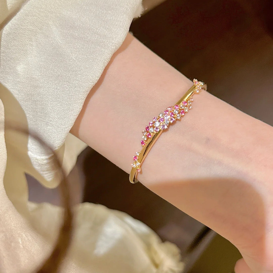 Elegant Peach Pink Diamond Flower Zircon Wrapped Bangle Bracelet - Adjustable Fit Jewelry