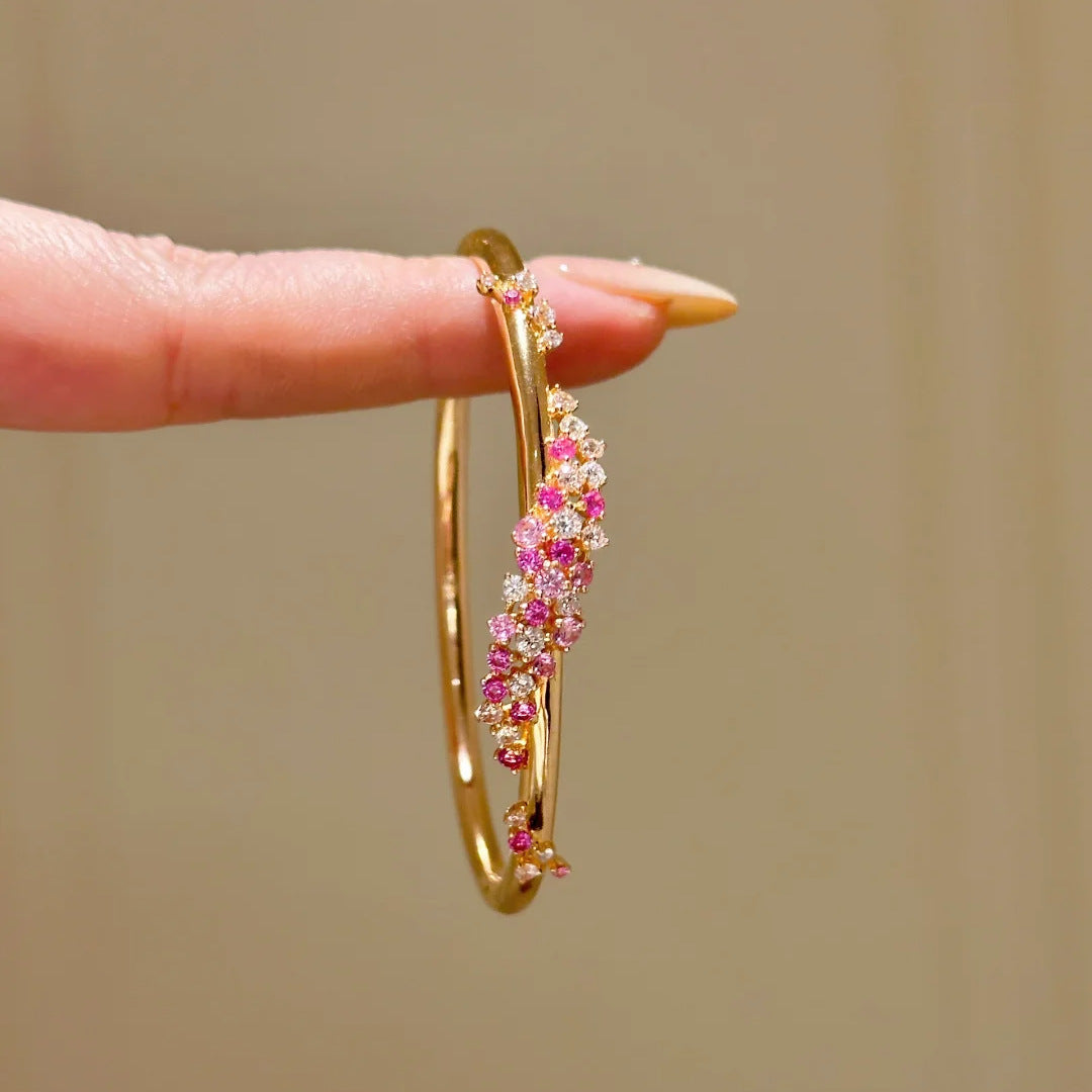 Elegant Peach Pink Diamond Flower Zircon Wrapped Bangle Bracelet - Adjustable Fit Jewelry