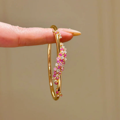 Elegant Peach Pink Diamond Flower Zircon Wrapped Bangle Bracelet - Adjustable Fit Jewelry