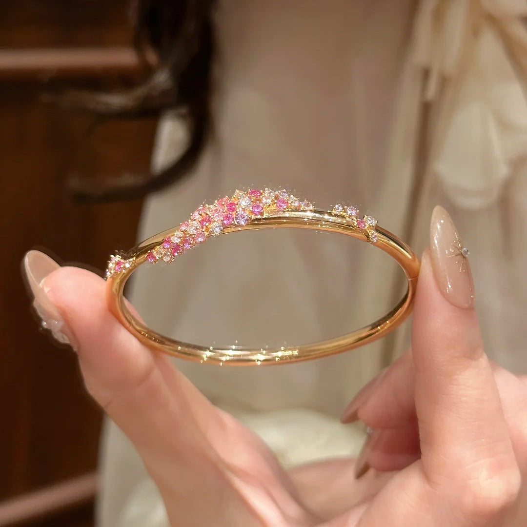 Elegant Peach Pink Diamond Flower Zircon Wrapped Bangle Bracelet - Adjustable Fit Jewelry