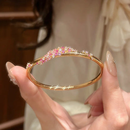 Elegant Peach Pink Diamond Flower Zircon Wrapped Bangle Bracelet - Adjustable Fit Jewelry